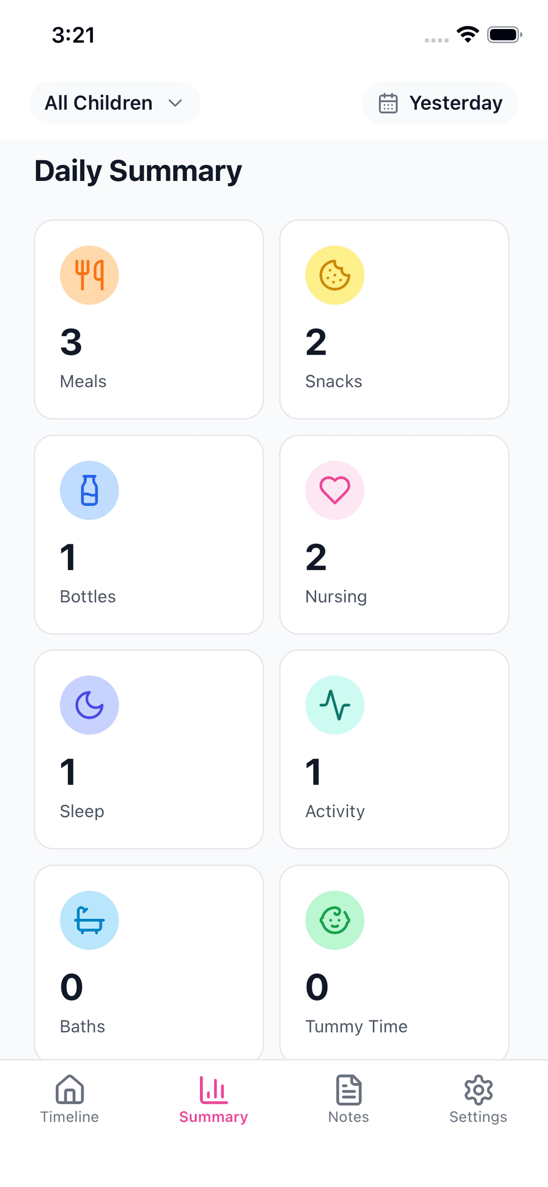 Cub Notes daily summary screen on iPhone